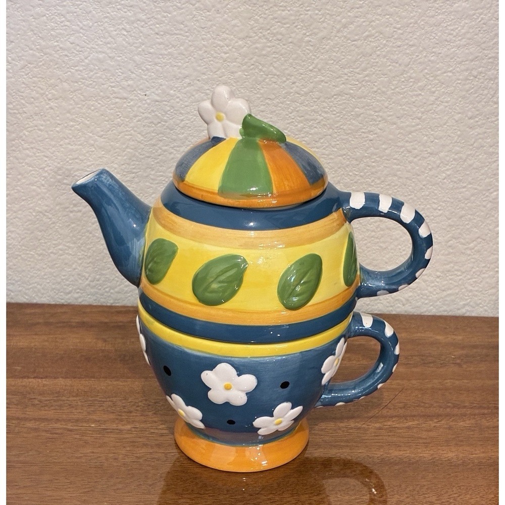 Floral Tea For One 4 Piece Set Stacking Teapot Cup & Teabag Plate Ceramic Gift